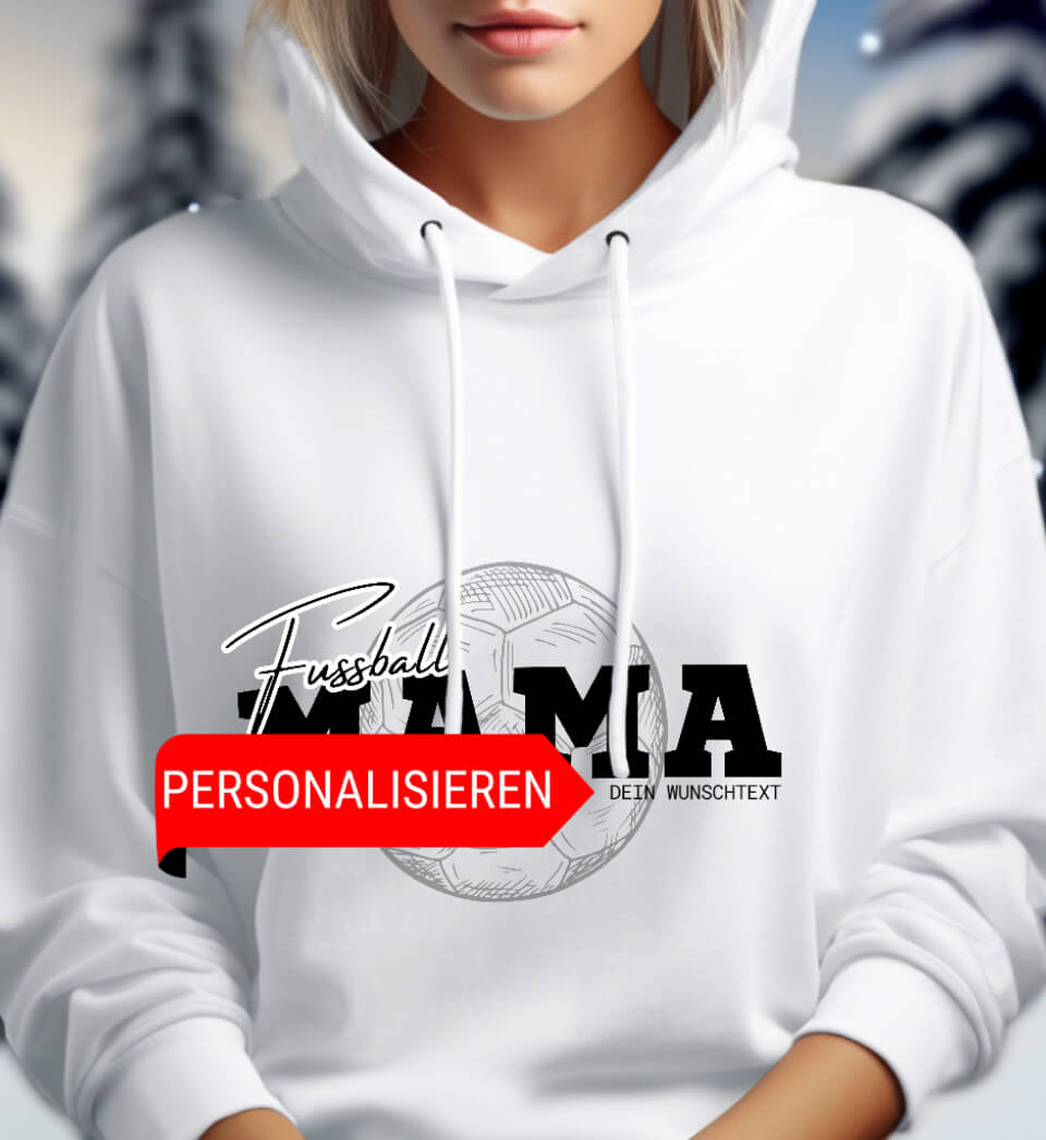 Entdecke unseren kuscheligen Fussball Mama Hoodie für aktive Fussballmamas. Personalisierbar mit Wunschtext, umweltfreundlich bedruckt, nachhaltig 