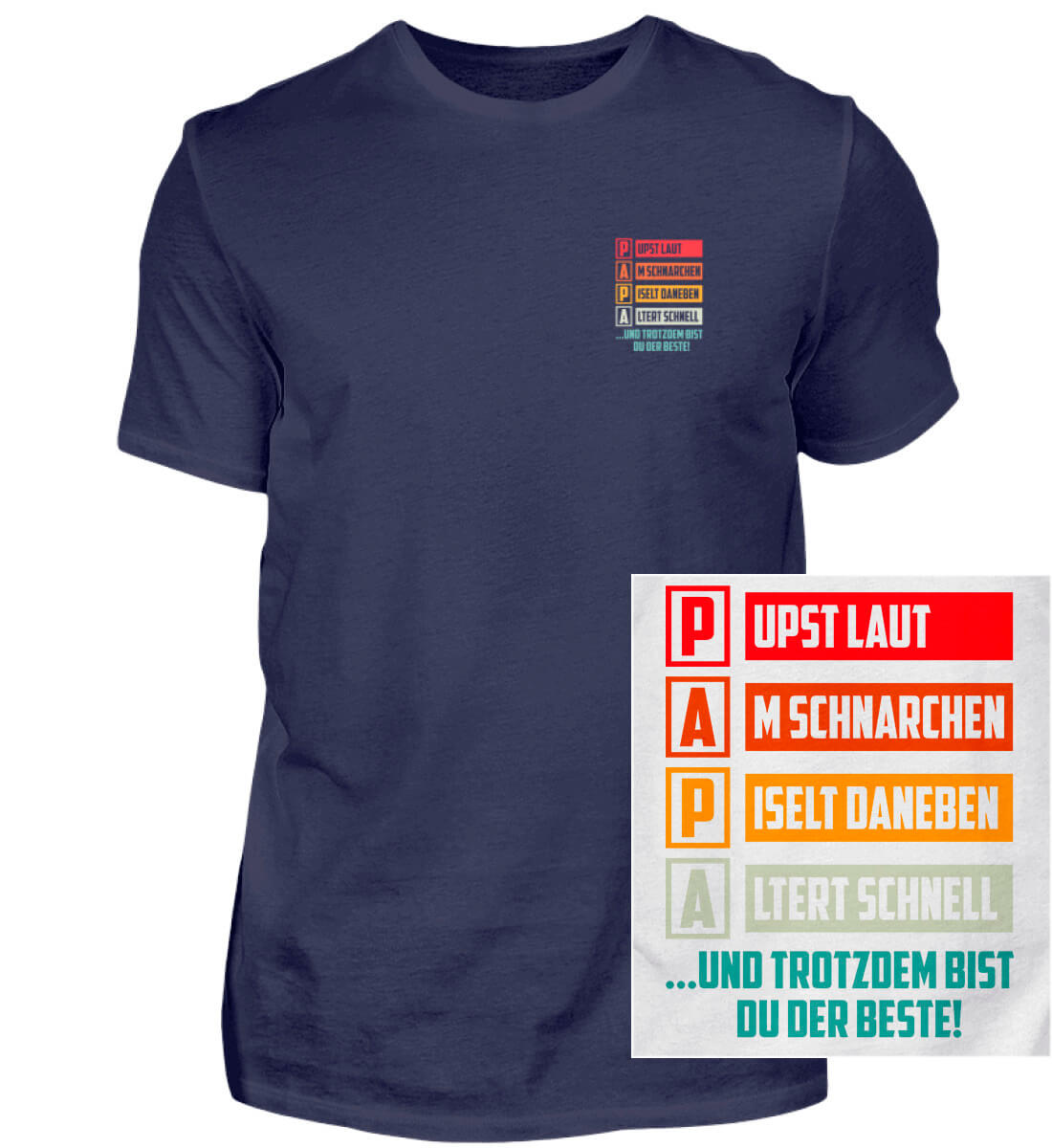 bild mit blaues T-Shirt und einem Motiv fuer Vatertag papa eigenschaften