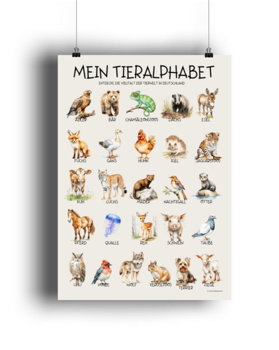 Lernposter mit einem Tieralphabet in Wassermalfarbe