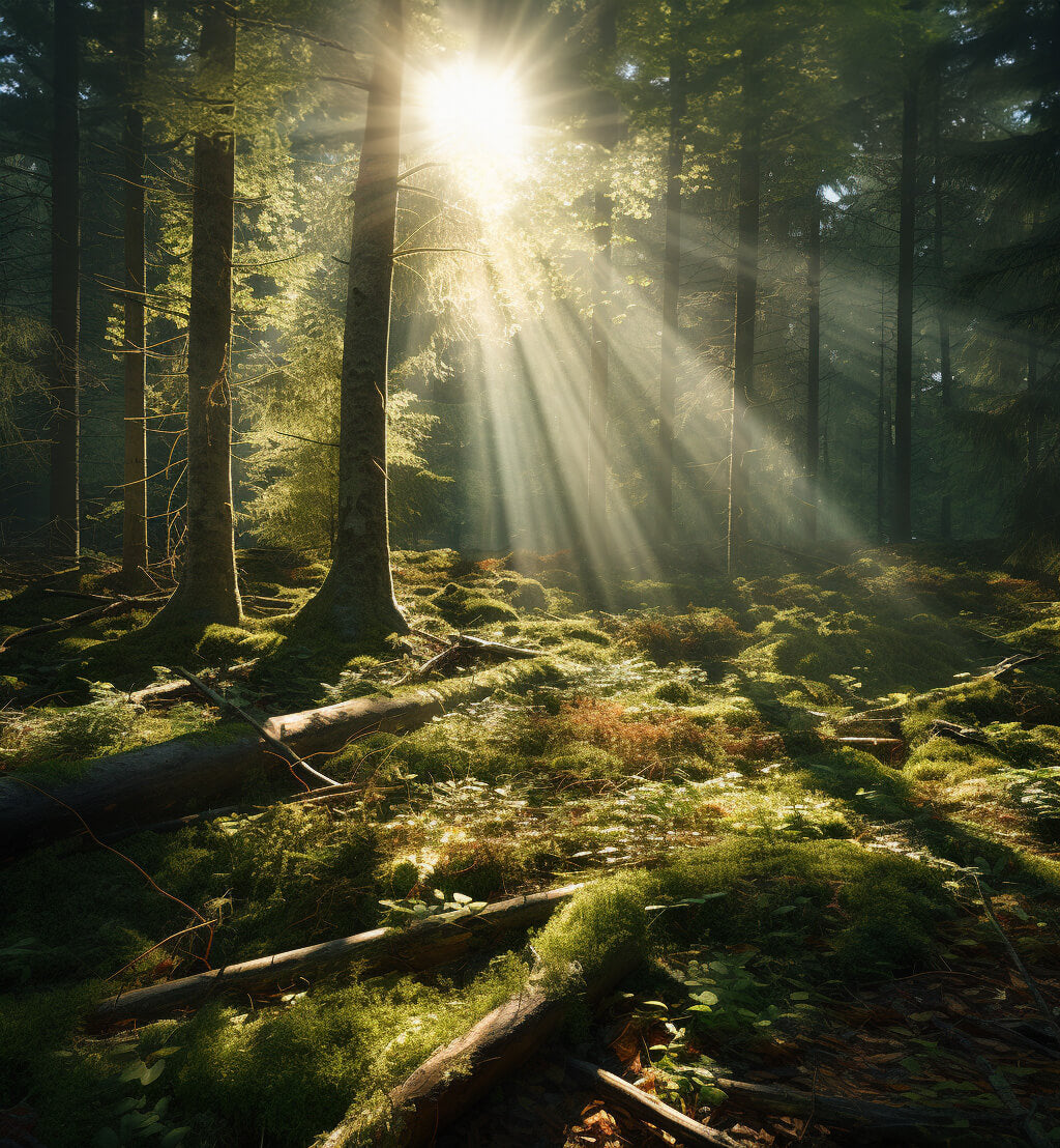 wunderschoener wald wo die sonnenstrahlen grade durch kommen